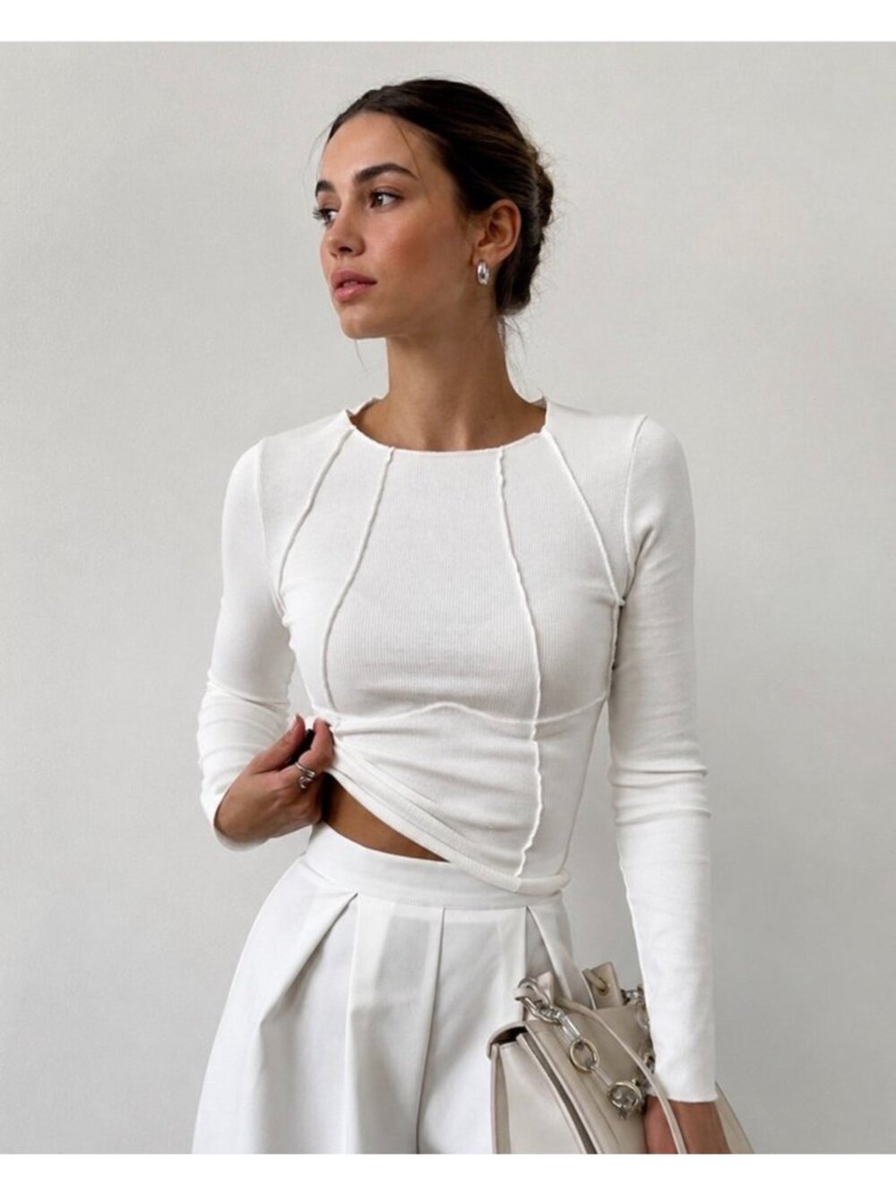 Commense M Ribbed Long Sleeve White Fitted Top With Seam Detailing nWT